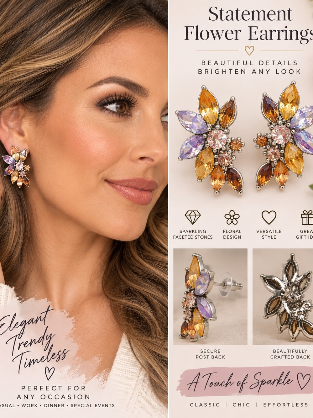 Statement Flower Cluster Earrings - Gold & Purple -